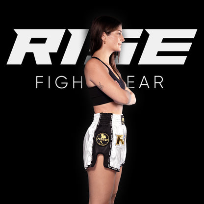 RISE MUAY THAI SHORTS SATIN (WHITE/GOLD)