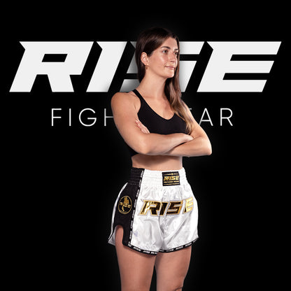 RISE MUAY THAI SHORTS SATIN (WHITE/GOLD)