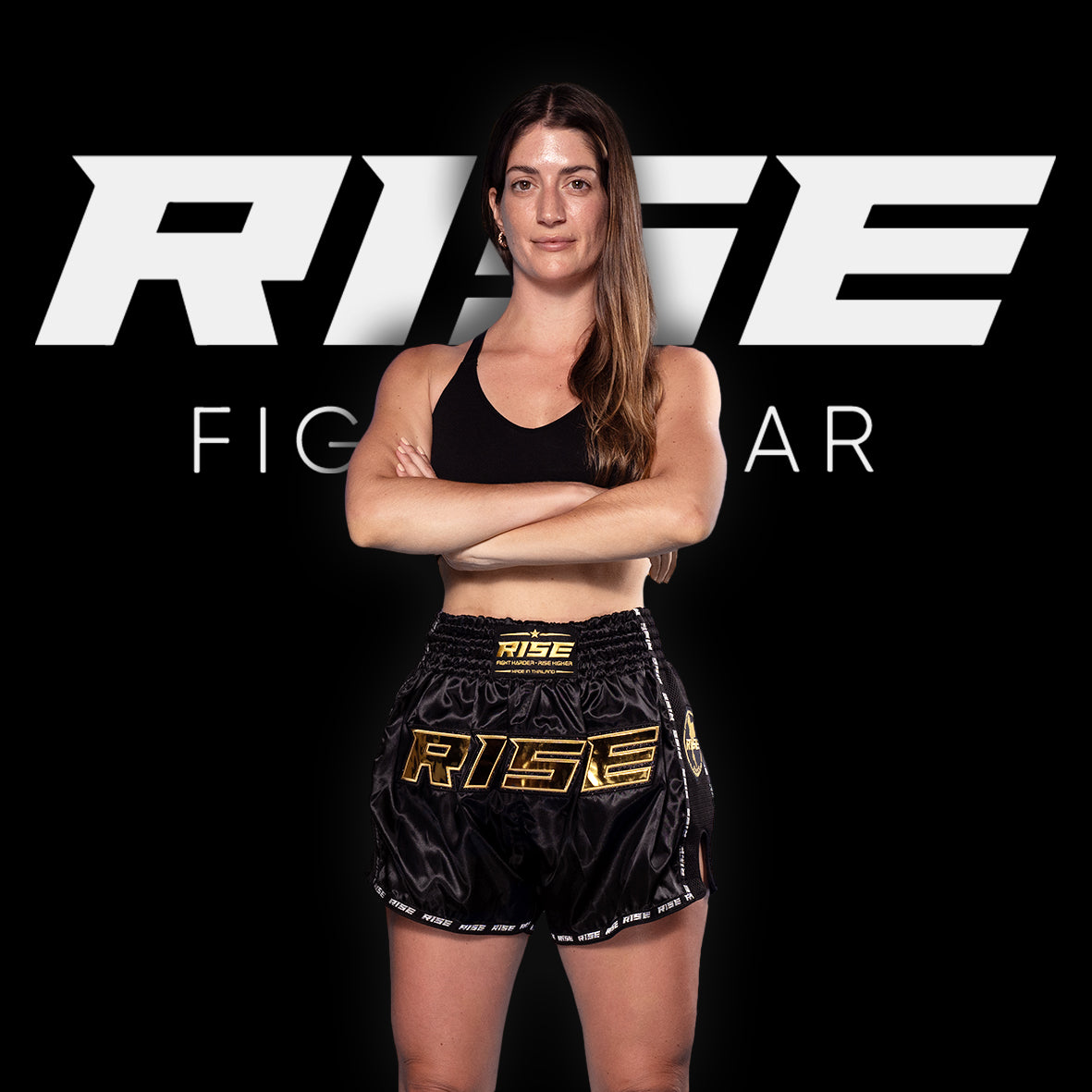 RISE MUAY THAI SHORTS SATIN (BLACK/GOLD)