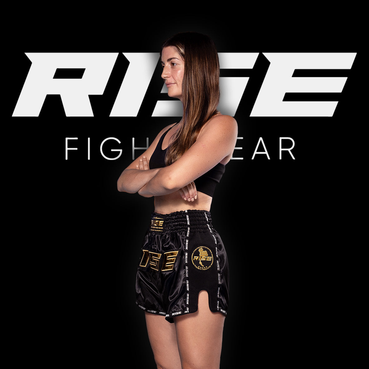 RISE MUAY THAI SHORTS SATIN (BLACK/GOLD)