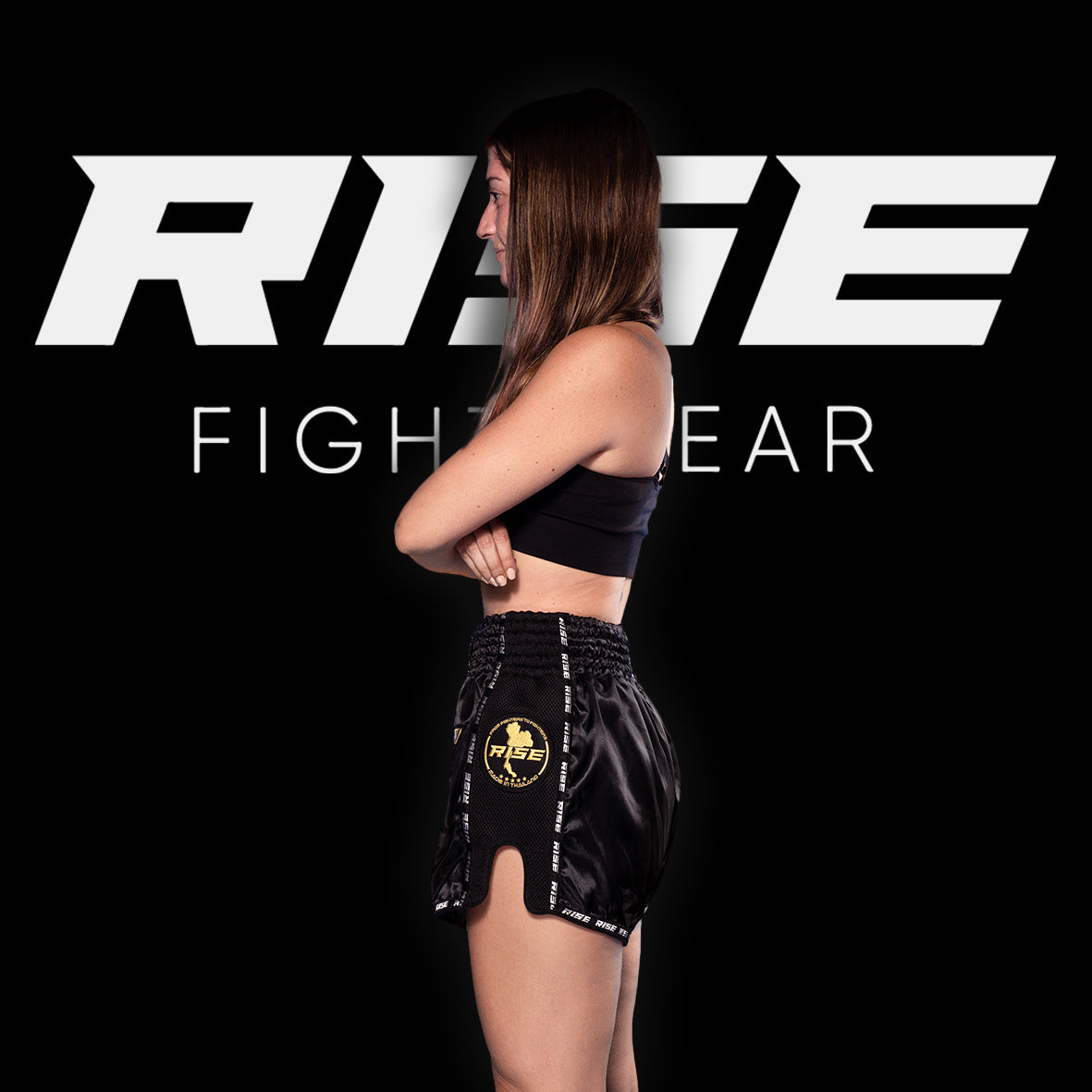 RISE MUAY THAI SHORTS SATIN (BLACK/GOLD)