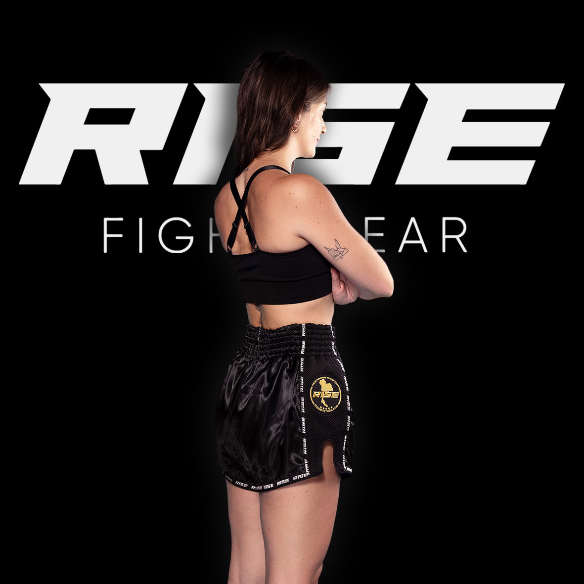 RISE MUAY THAI SHORTS SATIN (BLACK/GOLD)