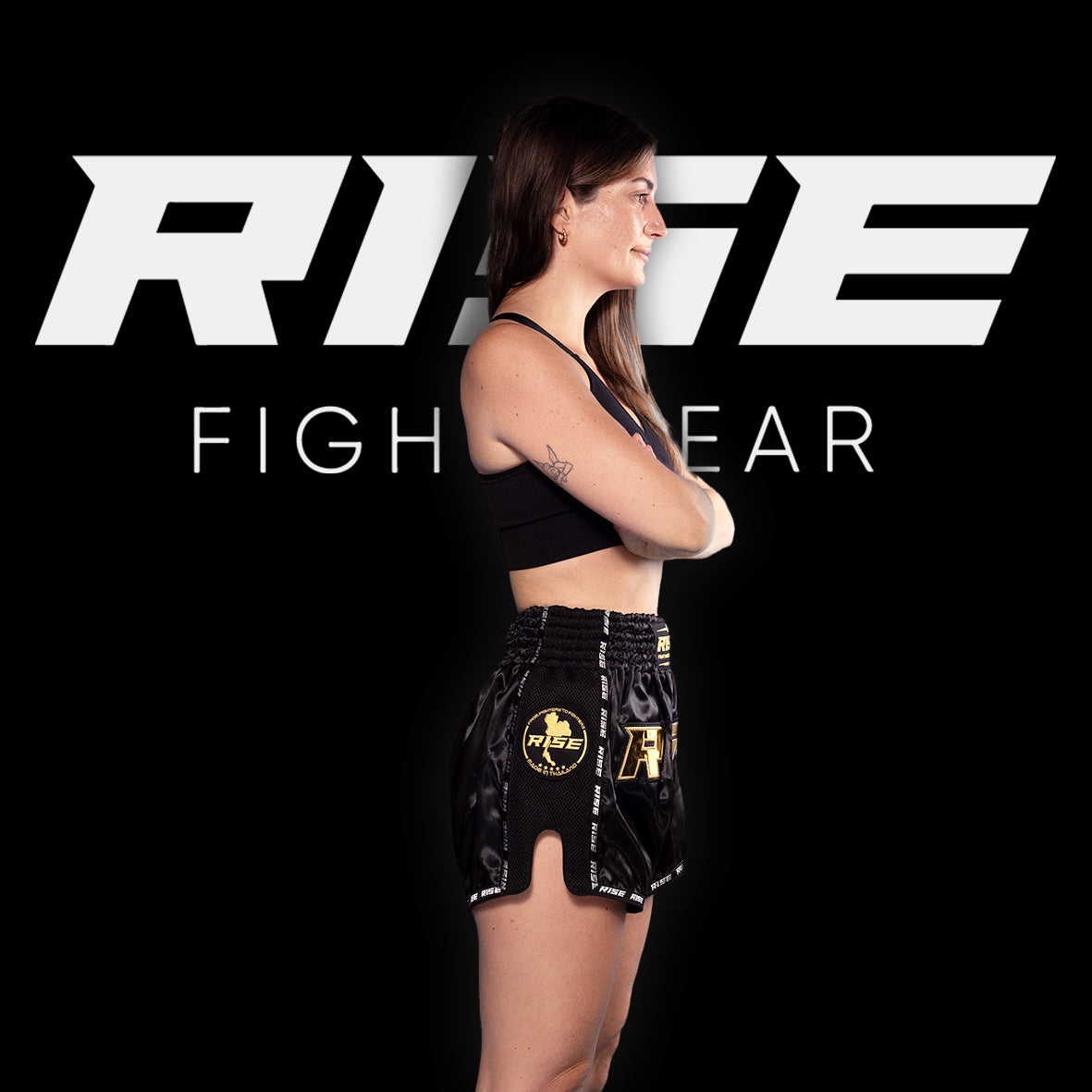 RISE MUAY THAI SHORTS SATIN (BLACK/GOLD)