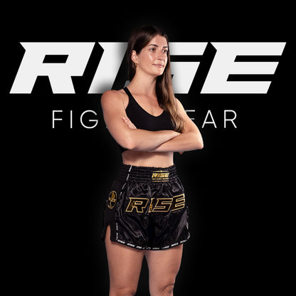 RISE MUAY THAI SHORTS SATIN (BLACK/GOLD)