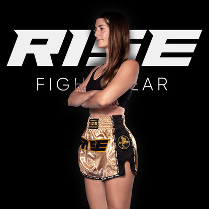 RISE MUAY THAI SHORTS SATIN (GOLD/BLACK)