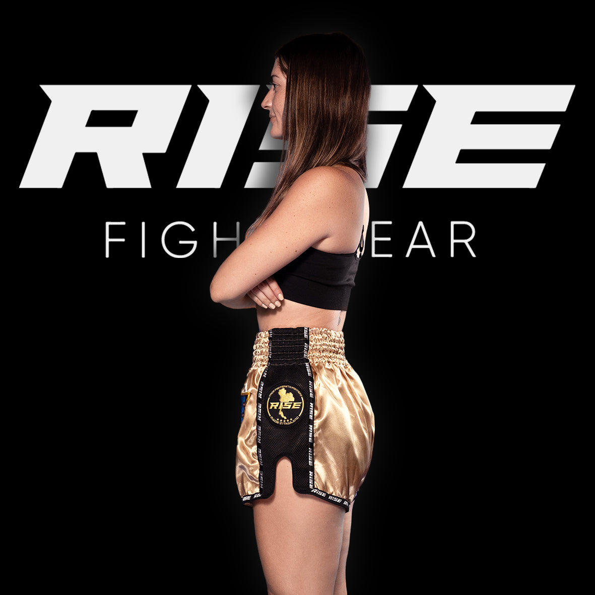 RISE MUAY THAI SHORTS SATIN (GOLD/BLACK)