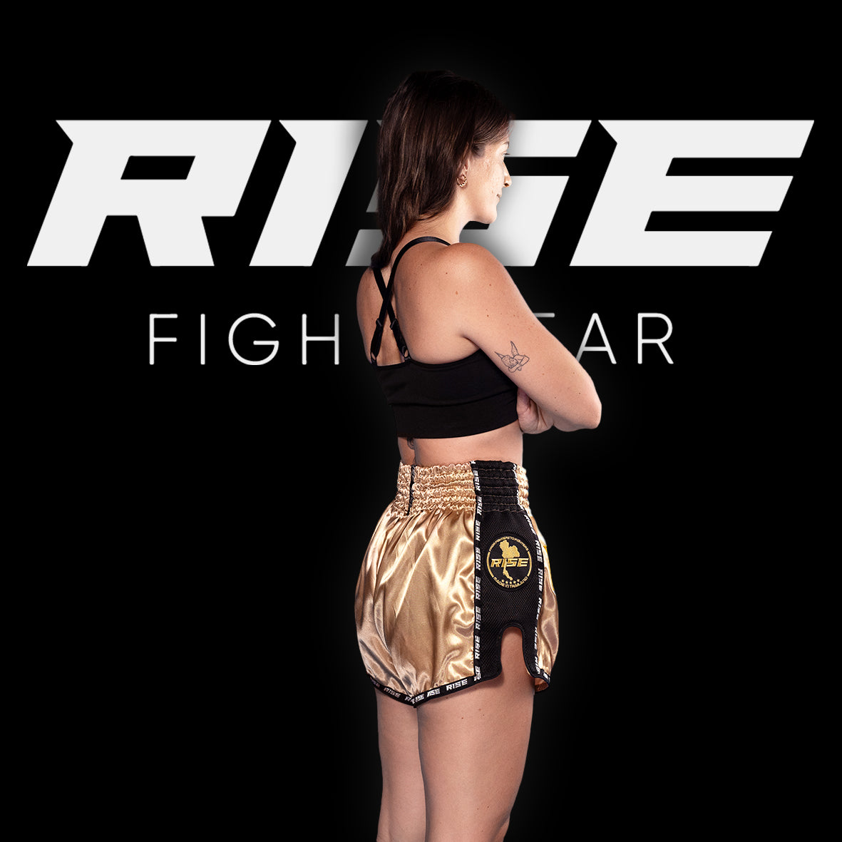 RISE MUAY THAI SHORTS SATIN (GOLD/BLACK)