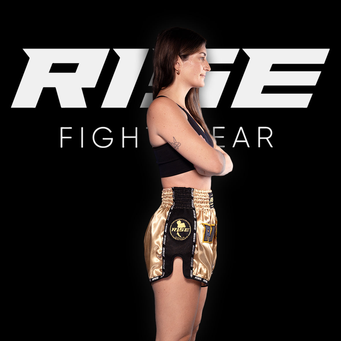 RISE MUAY THAI SHORTS SATIN (GOLD/BLACK)