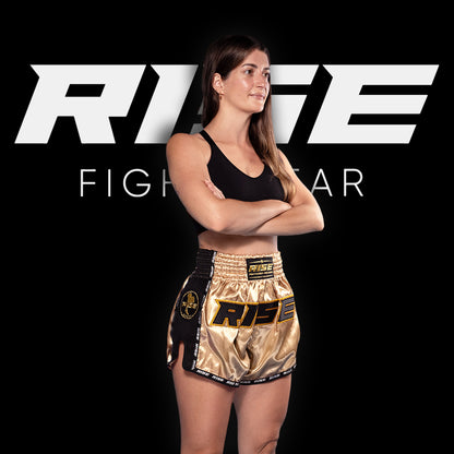 RISE MUAY THAI SHORTS SATIN (GOLD/BLACK)