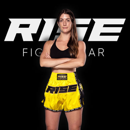 RISE MUAY THAI SHORTS SATIN (NEON YELLOW/BLACK)