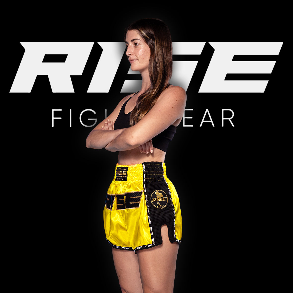 RISE MUAY THAI SHORTS SATIN (NEON YELLOW/BLACK)