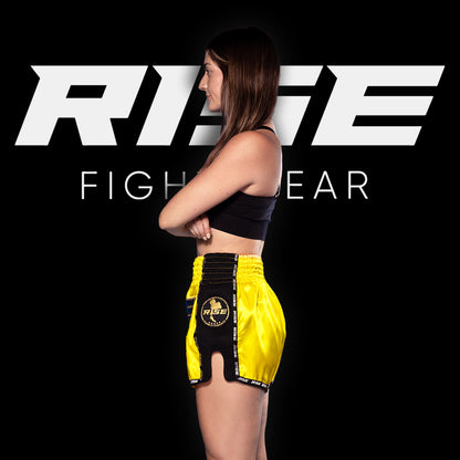 RISE MUAY THAI SHORTS SATIN (NEON YELLOW/BLACK)