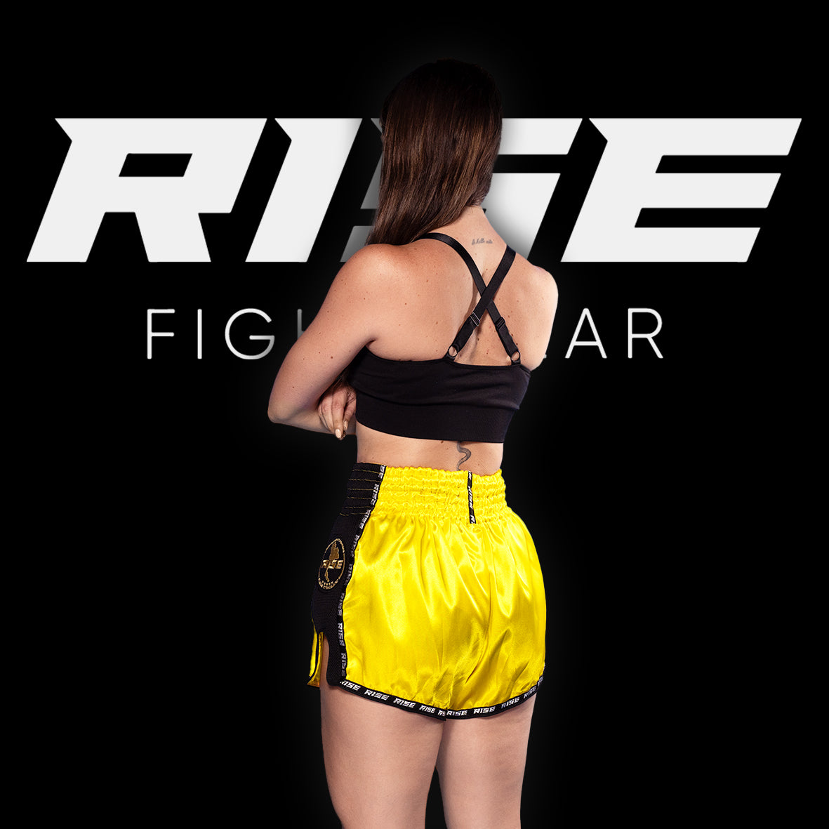 RISE MUAY THAI SHORTS SATIN (NEON YELLOW/BLACK)