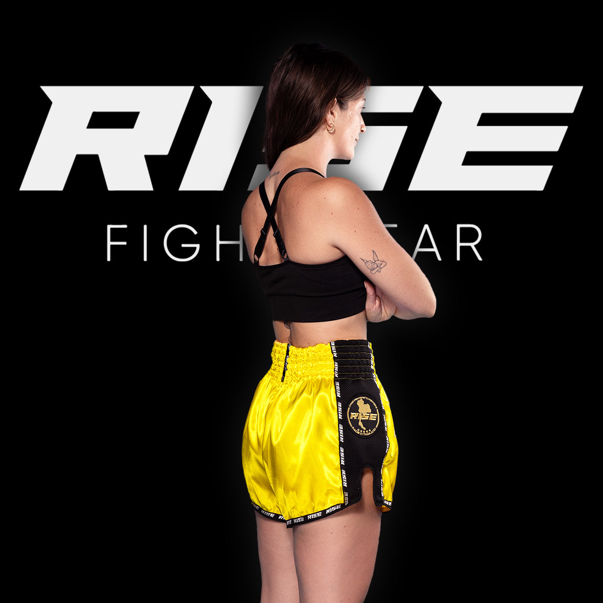 RISE MUAY THAI SHORTS SATIN (NEON YELLOW/BLACK)