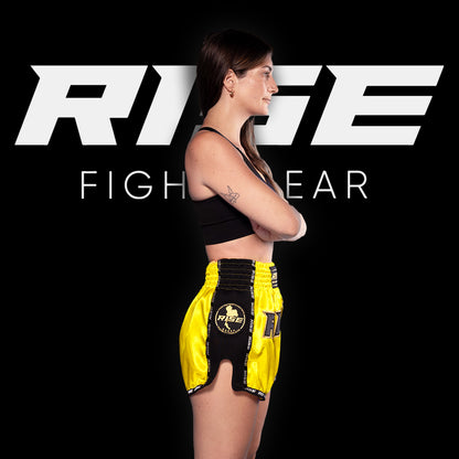 RISE MUAY THAI SHORTS SATIN (NEON YELLOW/BLACK)