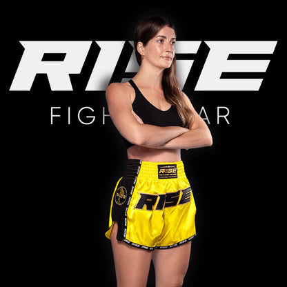 RISE MUAY THAI SHORTS SATIN (NEON YELLOW/BLACK)