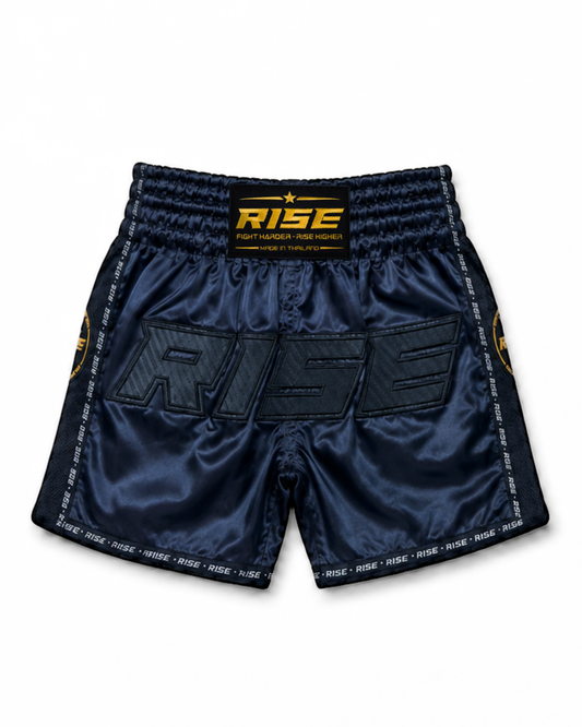RISE MUAY THAI SHORTS SATIN (BLACK/BLACK)