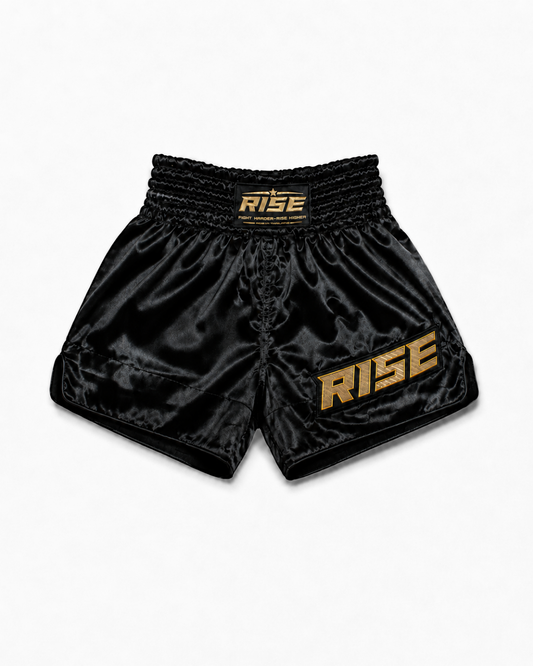 RISE CLASSIC MUAY THAI SATIN SHORTS (BLACK/GOLD)