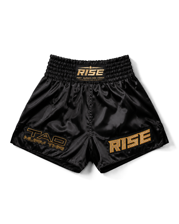 RISE X TAO CLASSIC MUAY THAI SATIN SHORTS (BLACK)