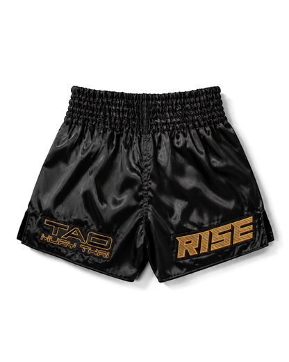 RISE X TAO CLASSIC MUAY THAI SATIN SHORTS (BLACK)
