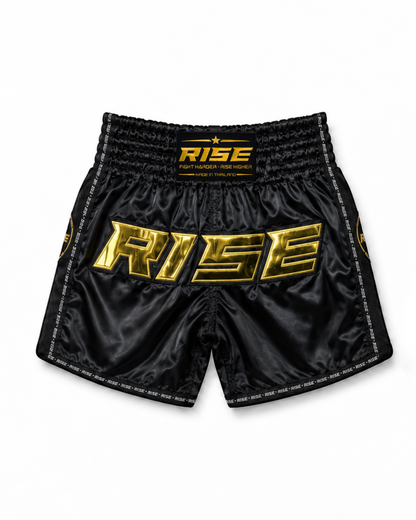 RISE MUAY THAI SHORTS SATIN (BLACK/GOLD)