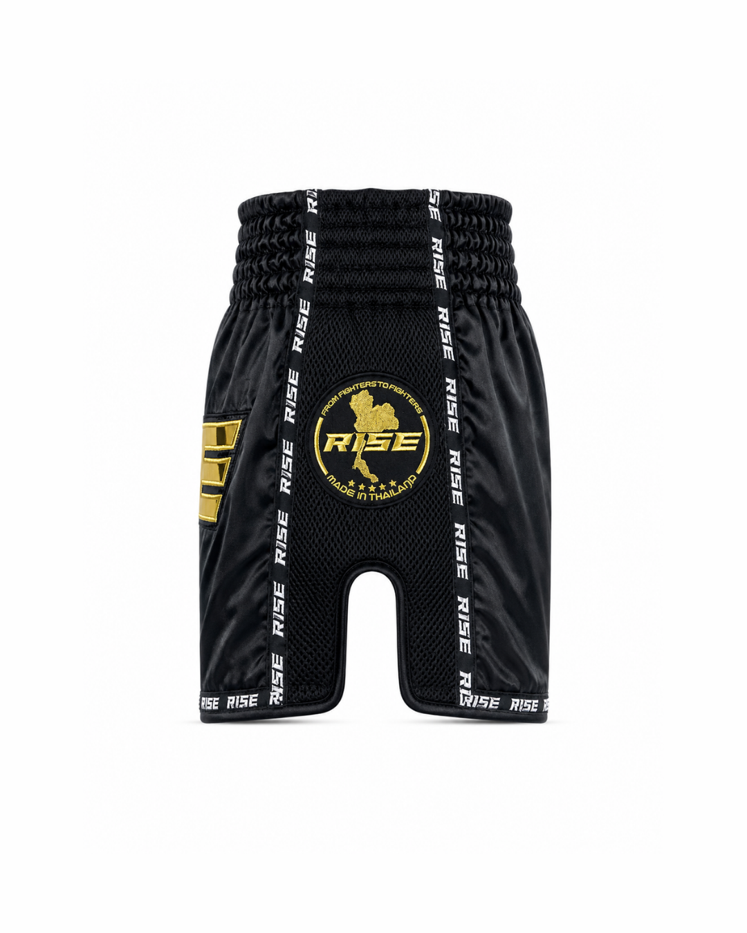 RISE MUAY THAI SHORTS SATIN (BLACK/GOLD)