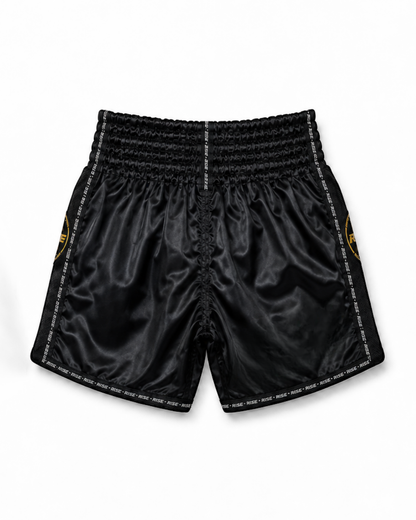RISE MUAY THAI SHORTS SATIN (BLACK/GOLD)