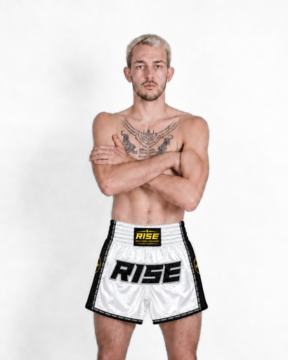 RISE MUAY THAI SHORTS SATIN (WHITE/BLACK)
