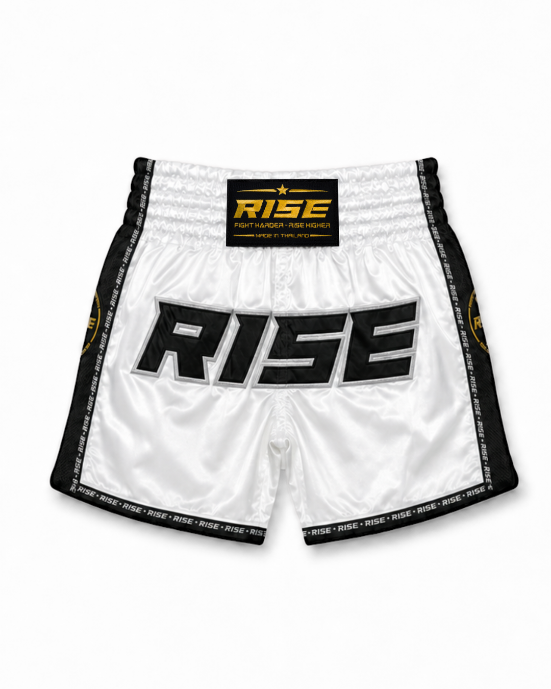 RISE MUAY THAI SHORTS SATIN (WHITE/BLACK)
