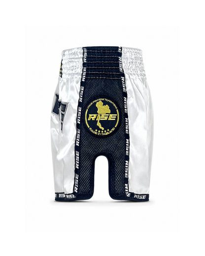 RISE MUAY THAI SHORTS SATIN (WHITE/BLACK)