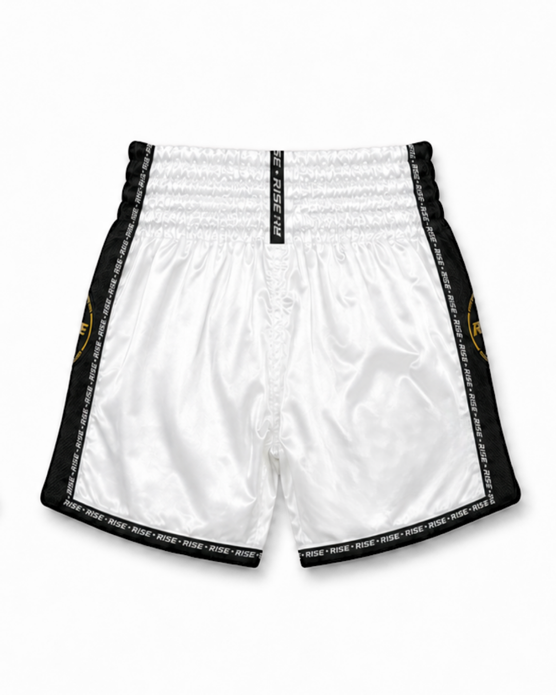 RISE MUAY THAI SHORTS SATIN (WHITE/BLACK)