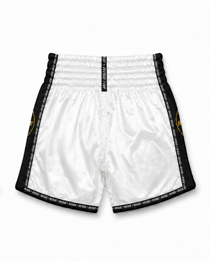 RISE MUAY THAI SHORTS SATIN (WHITE/BLACK)