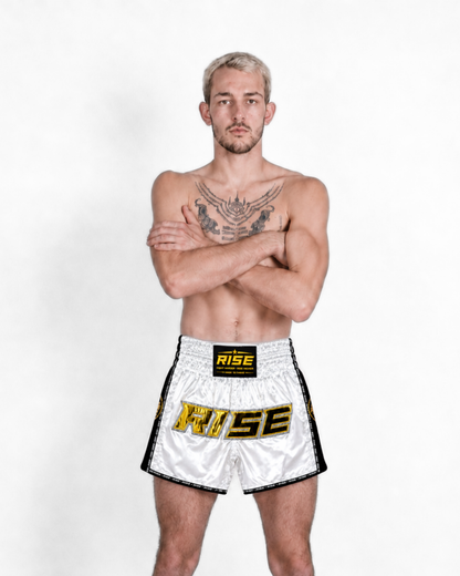 RISE MUAY THAI SHORTS SATIN (WHITE/GOLD)