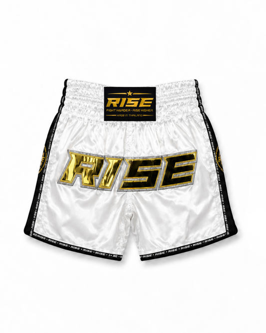 RISE MUAY THAI SHORTS SATIN (WHITE/GOLD)
