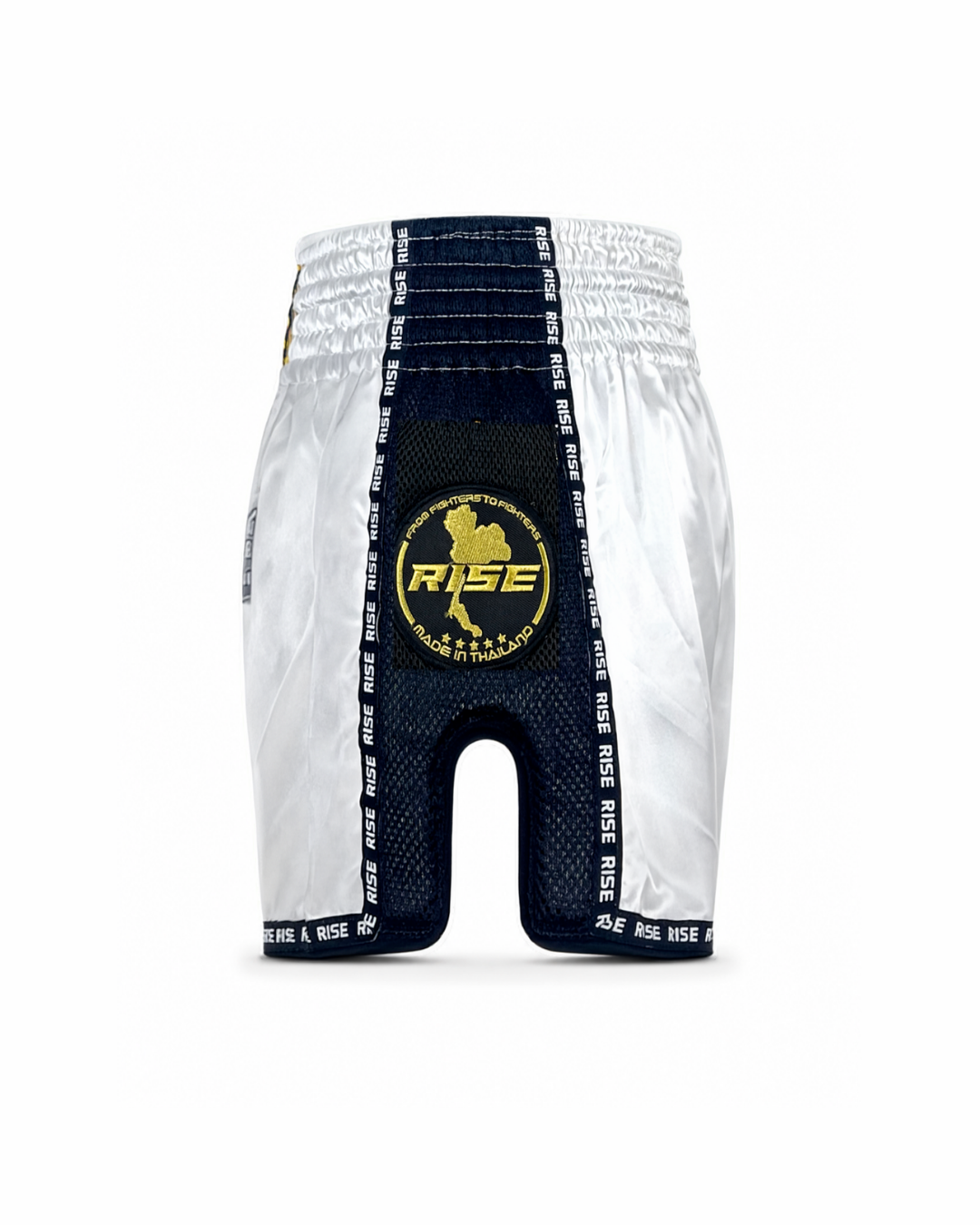 RISE MUAY THAI SHORTS SATIN (WHITE/GOLD)