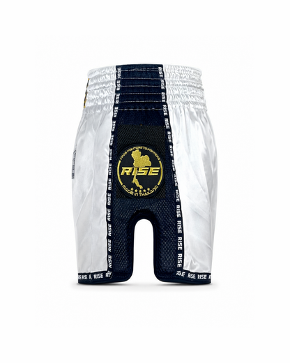 RISE MUAY THAI SHORTS SATIN (WHITE/GOLD)
