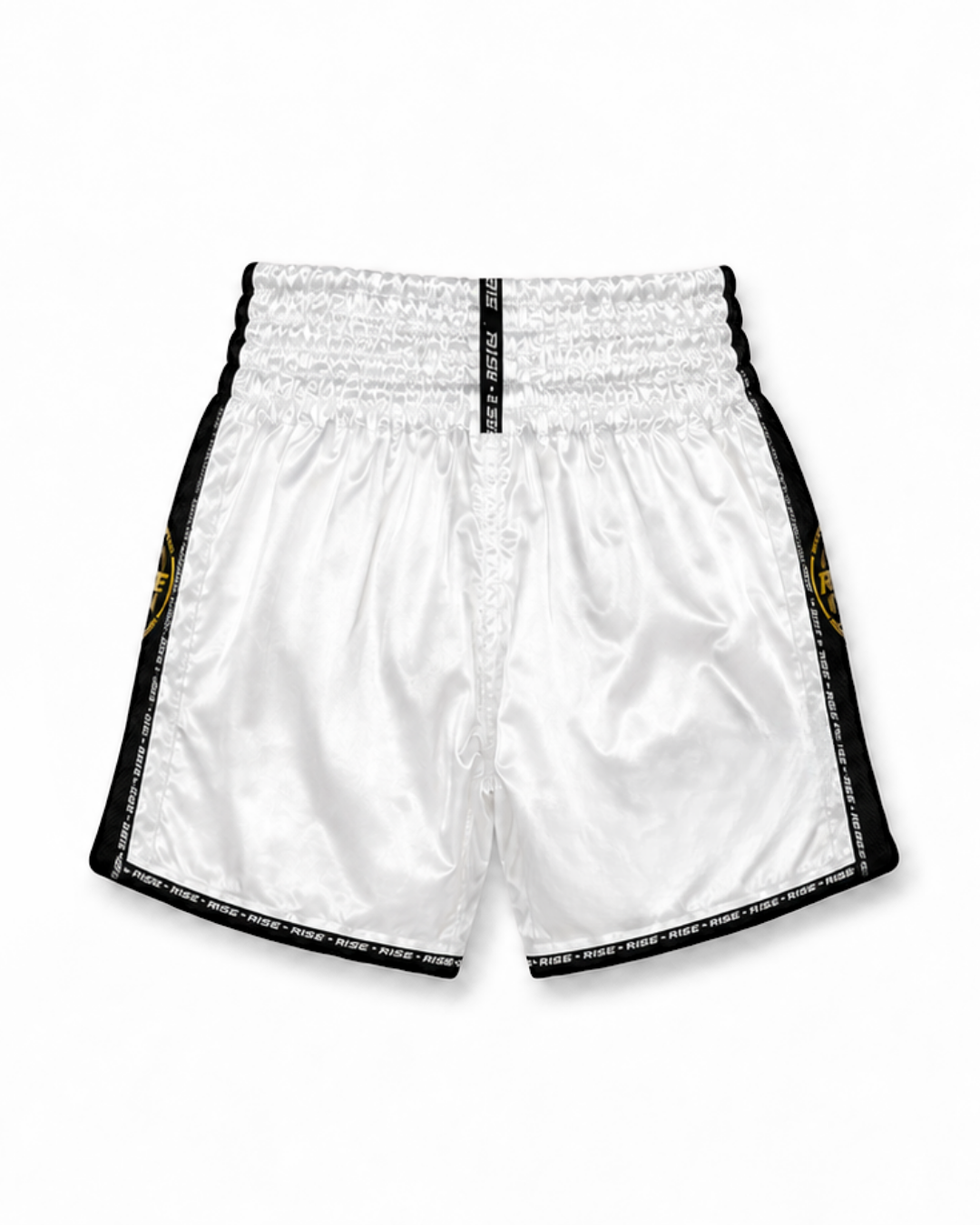 RISE MUAY THAI SHORTS SATIN (WHITE/GOLD)