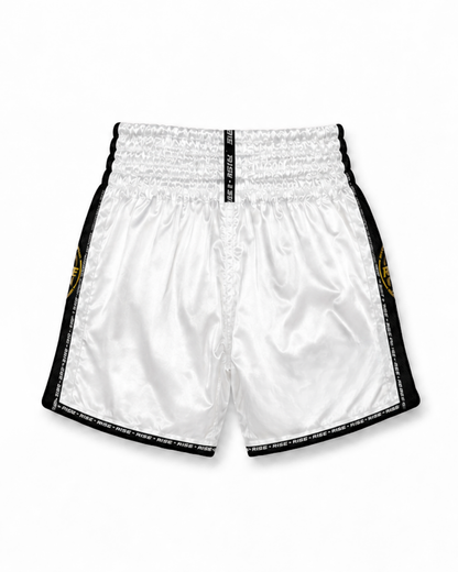 RISE MUAY THAI SHORTS SATIN (WHITE/GOLD)