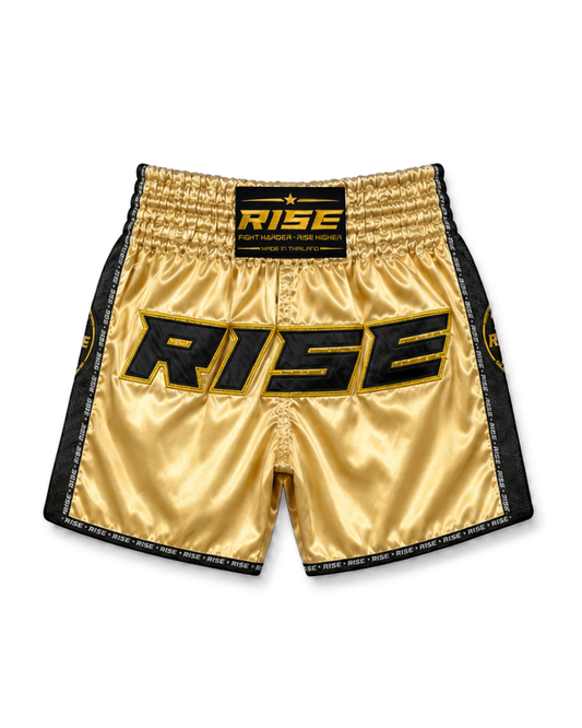 RISE MUAY THAI SHORTS SATIN (GOLD/BLACK)