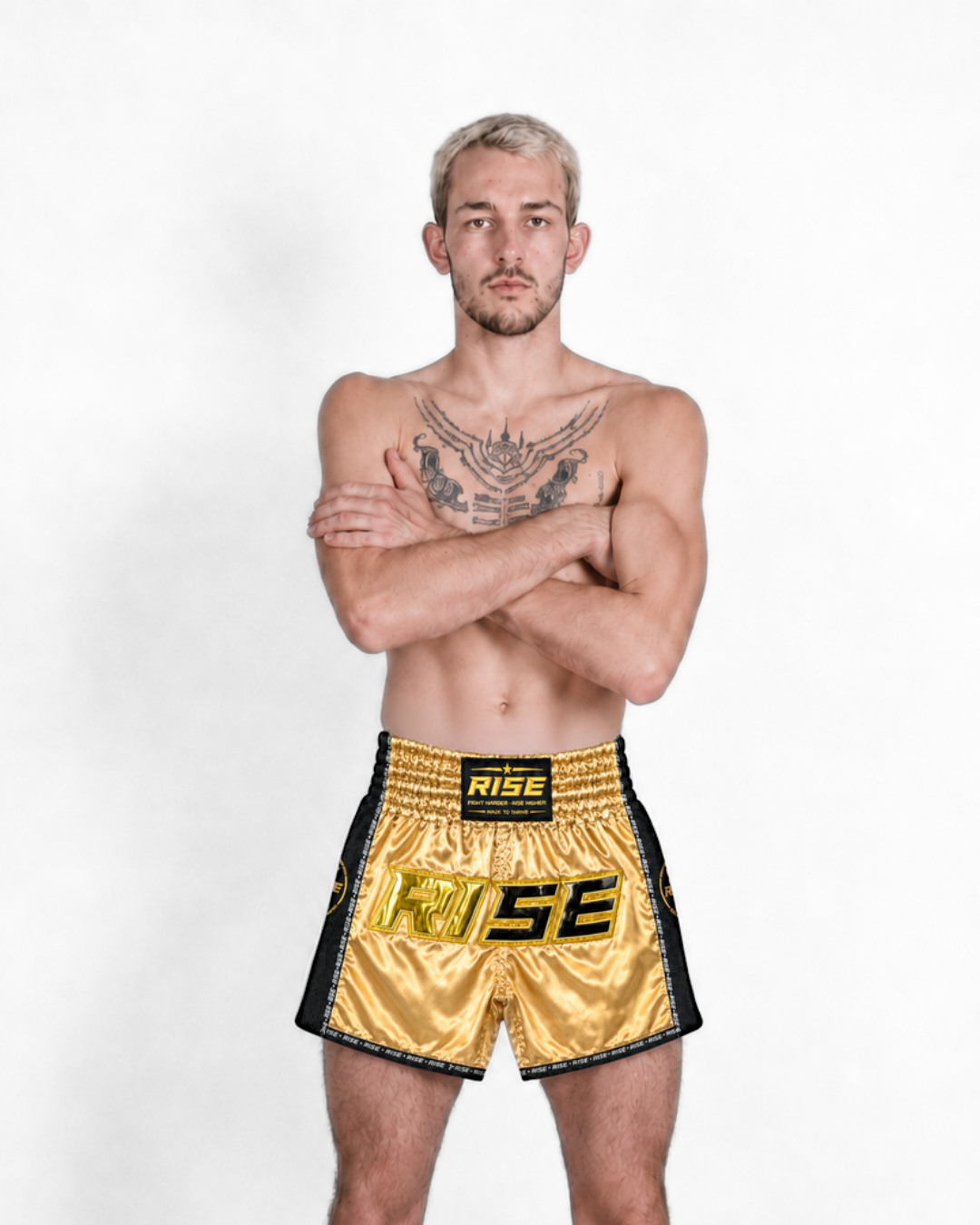 RISE MUAY THAI SHORTS SATIN (GOLD/GOLD)