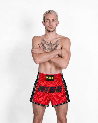 RISE MUAY THAI SHORTS SATIN (RED/BLACK)