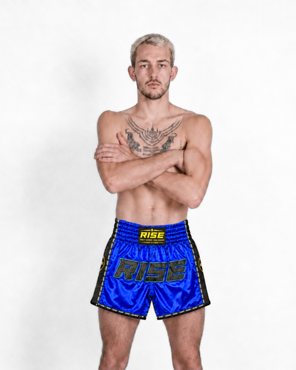 RISE MUAY THAI SHORTS SATIN (BLUE/BLACK)