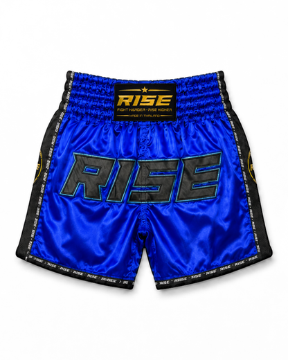 RISE MUAY THAI SHORTS SATIN (BLUE/BLACK)