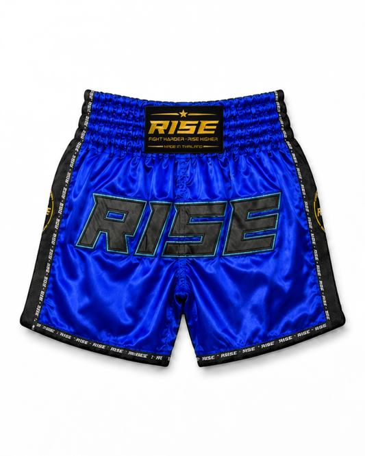 RISE MUAY THAI SHORTS SATIN (BLUE/BLACK)