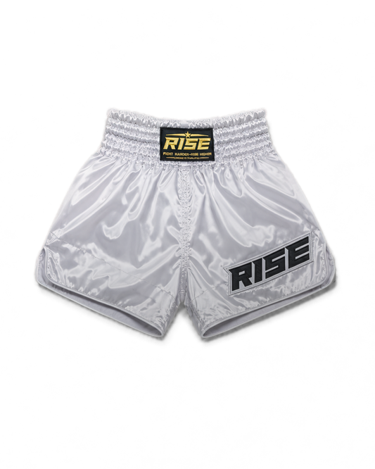 RISE CLASSIC MUAY THAI SATIN SHORTS (LIGHT GREY)