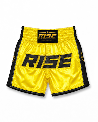 RISE MUAY THAI SHORTS SATIN (NEON YELLOW/BLACK)