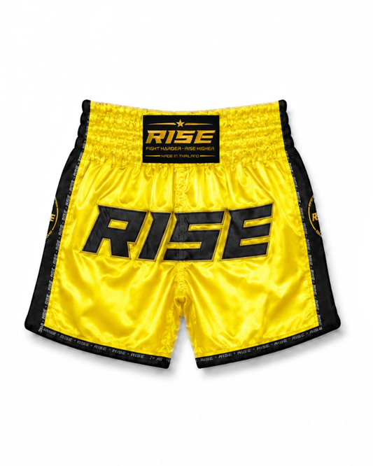 RISE MUAY THAI SHORTS SATIN (NEON YELLOW/BLACK)