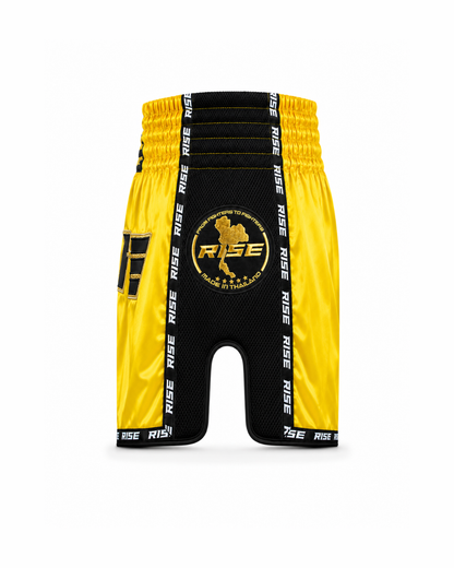 RISE MUAY THAI SHORTS SATIN (NEON YELLOW/BLACK)