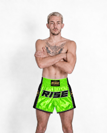 RISE MUAY THAI SHORTS SATIN (GREEN/BLACK)