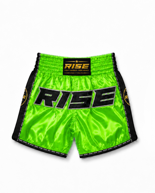 RISE MUAY THAI SHORTS SATIN (GREEN/BLACK)